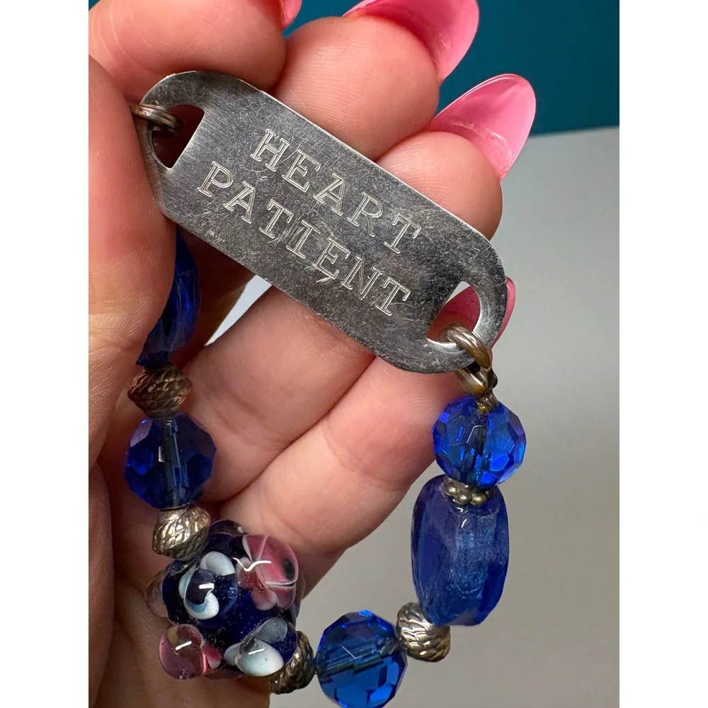 Heart Patient Medical Alert Bracelet‎ Blue Glass Beaded Lampwork Floral ID